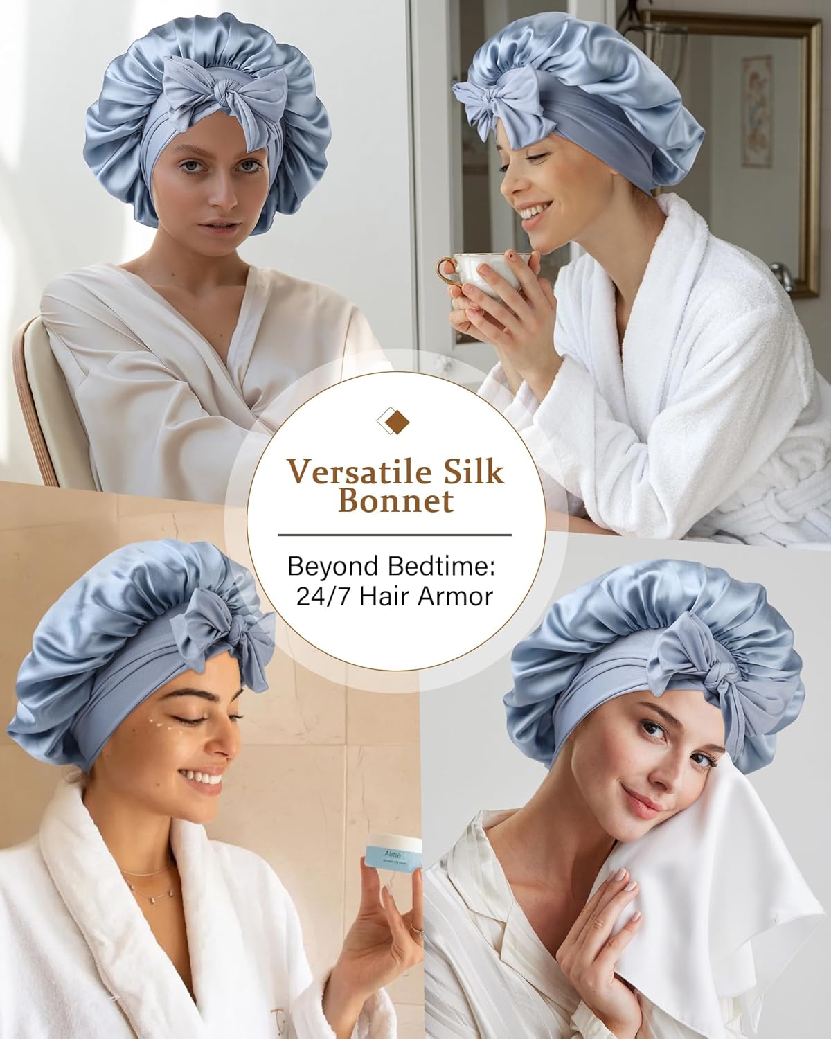AWAYTR Mulberry Silk Bonnet for Sleeping - Silk Sleep Bonnet with Tie Band for Curly Hair Men and Women (Haze Blue)