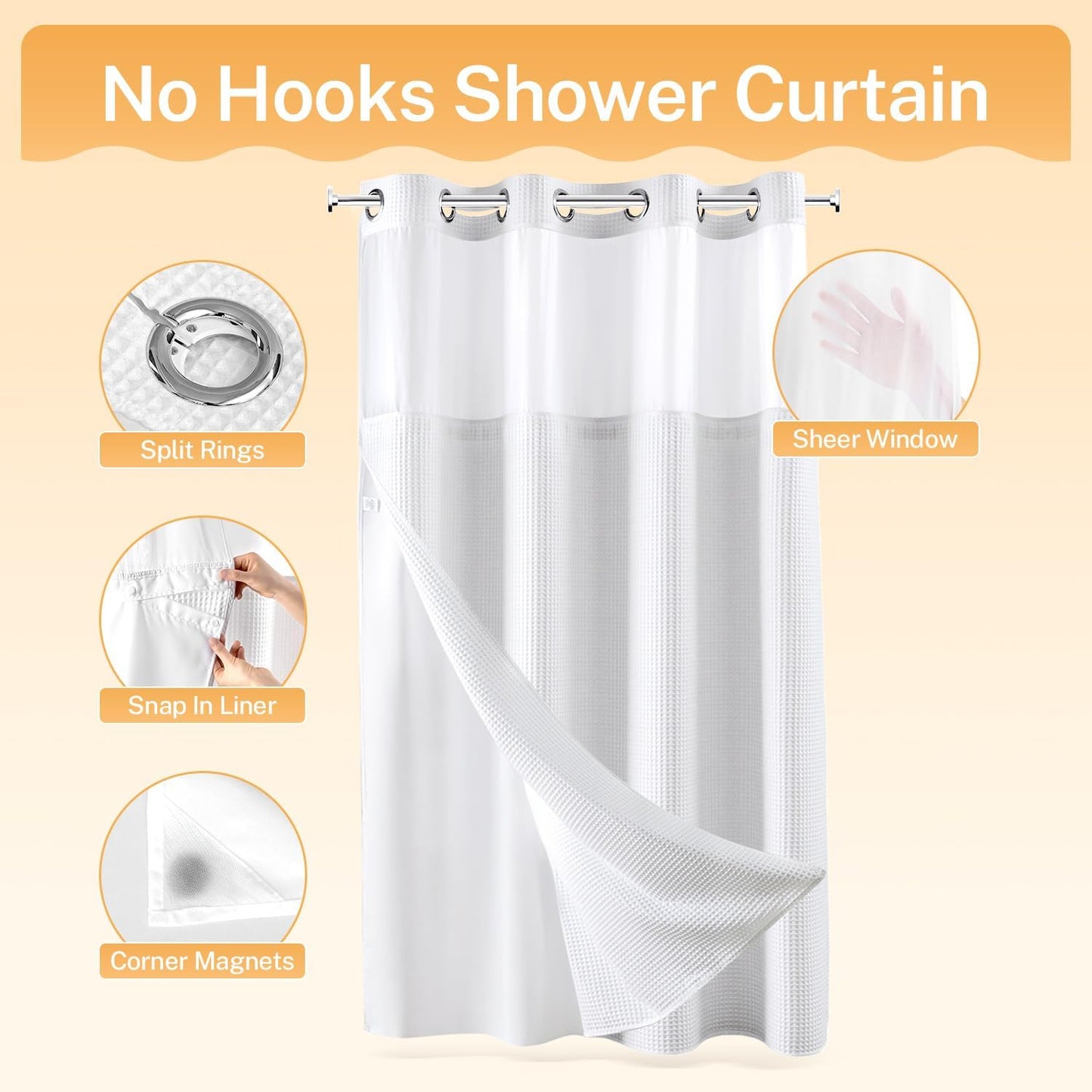River Dream White Fabric Shower Curtain Set, Cotton Blend, Waffle Weave, with Snap in Replacement Liner，54 x 80 inches