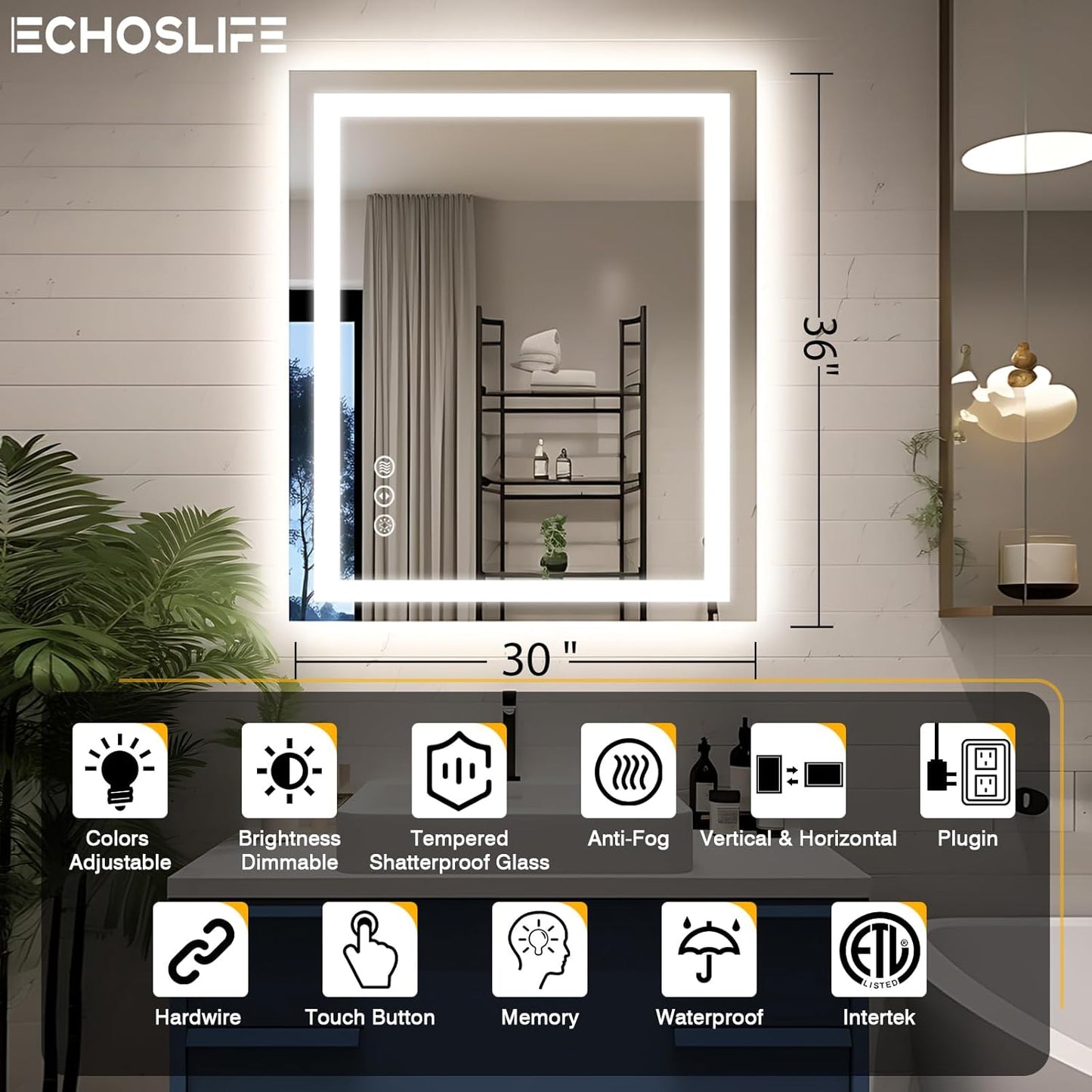 30"x36" LED Bathroom Mirror with Lights, Front and Backlit Mirror, Anti-Fog Vanity Mirror with Lights, Stepless Dimmable LED Mirror, 3 Colors Smart (Horizontal/Vertical)