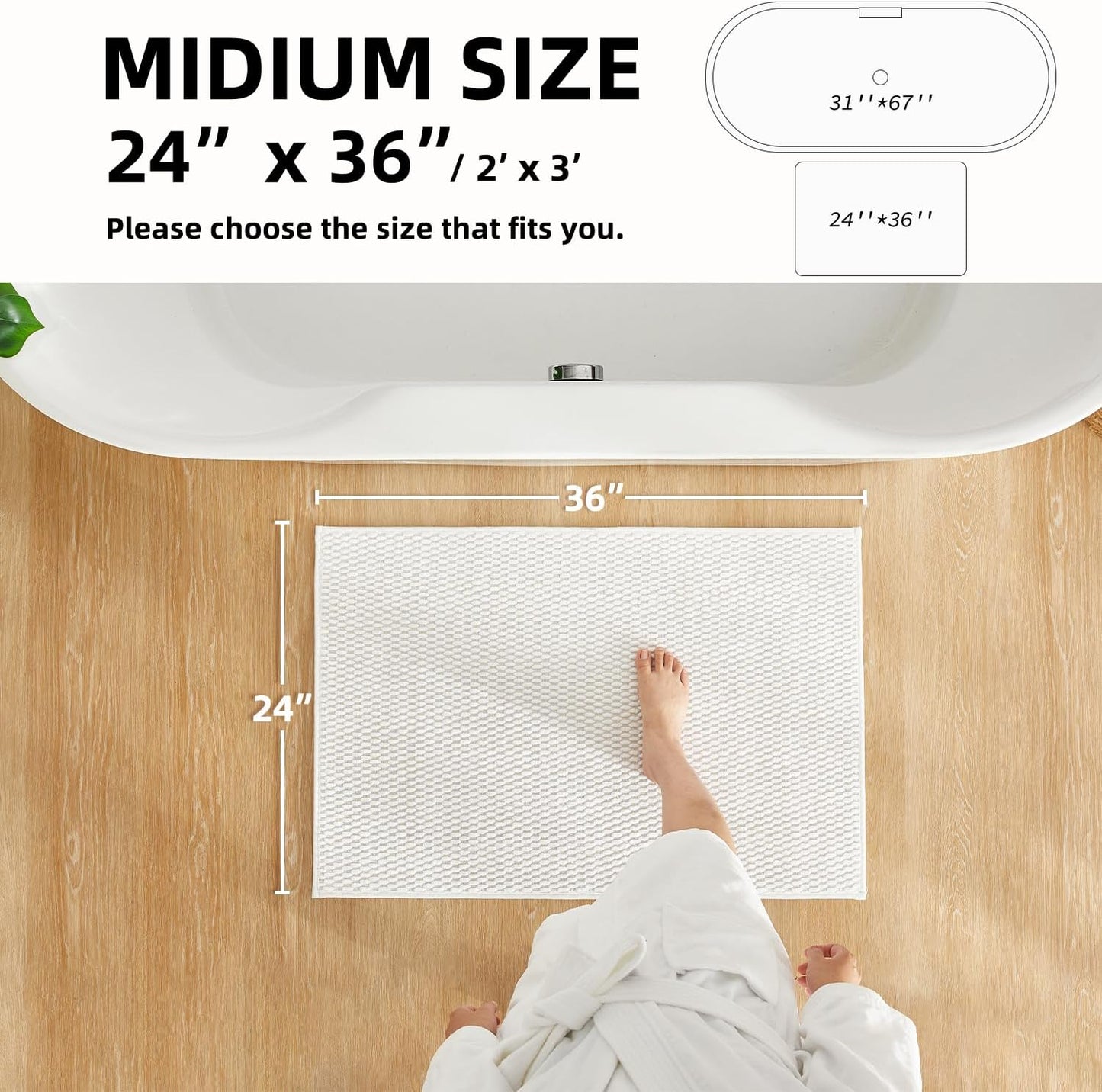 Bathroom Rugs Non Slip Washable, Super Absorbent Thin Bath Mat Quick Dry Low Pile Bathroom Rug, White 24"x36"