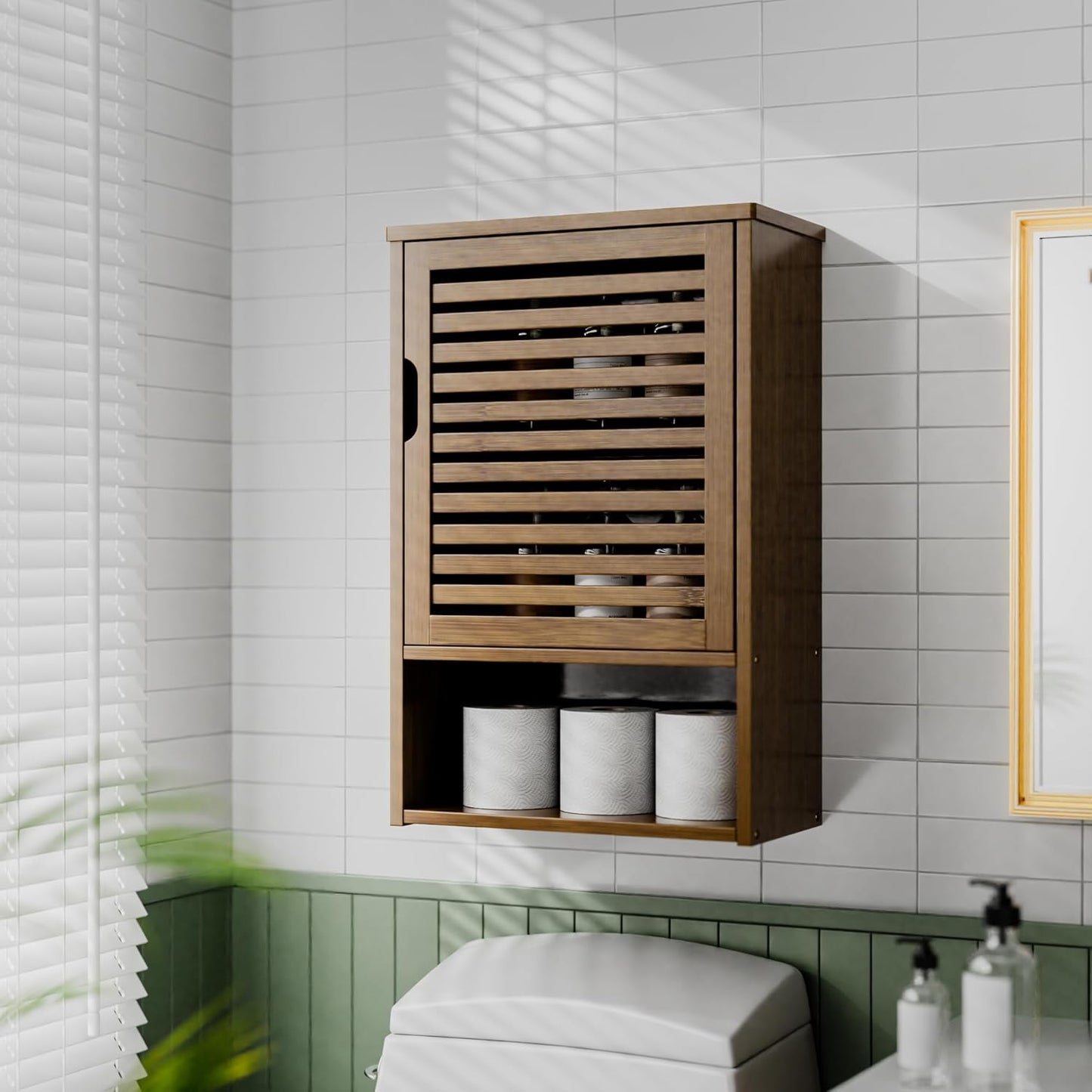 HITNET Medicine Cabinet, Wall Hanging Cabinet with Adjustable Shelf, Bathroom Storage Organizer Over The Toilet with Single Door and Open Bottom Shelf, Walnut