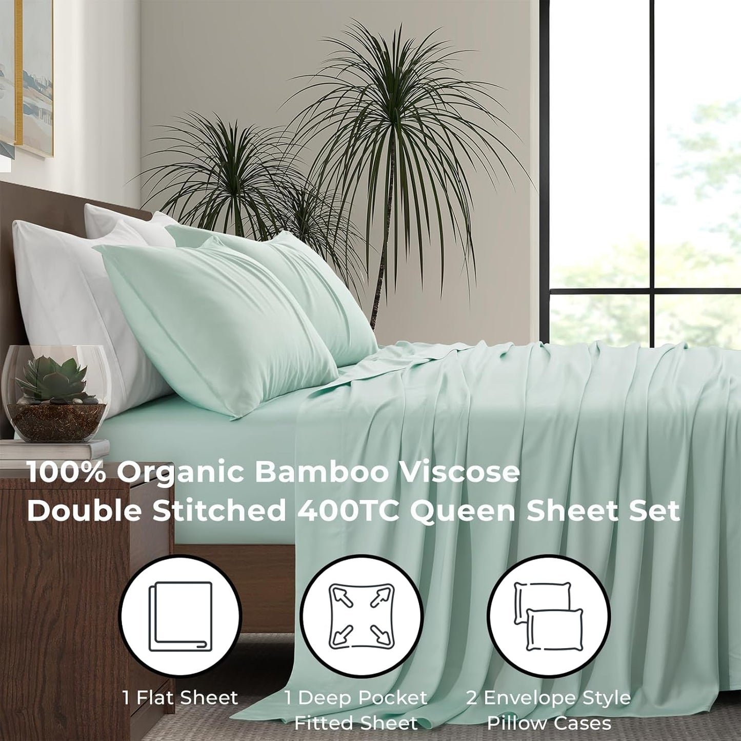 Luxury Bamboo Market | Queen Size Bed Sheet Set | 100% Viscose Made from Bamboo | Organically Grown | Ultra Soft | Cooling Sheets for Hot Sleepers | 17" Deep Pocket [Coastal Green]