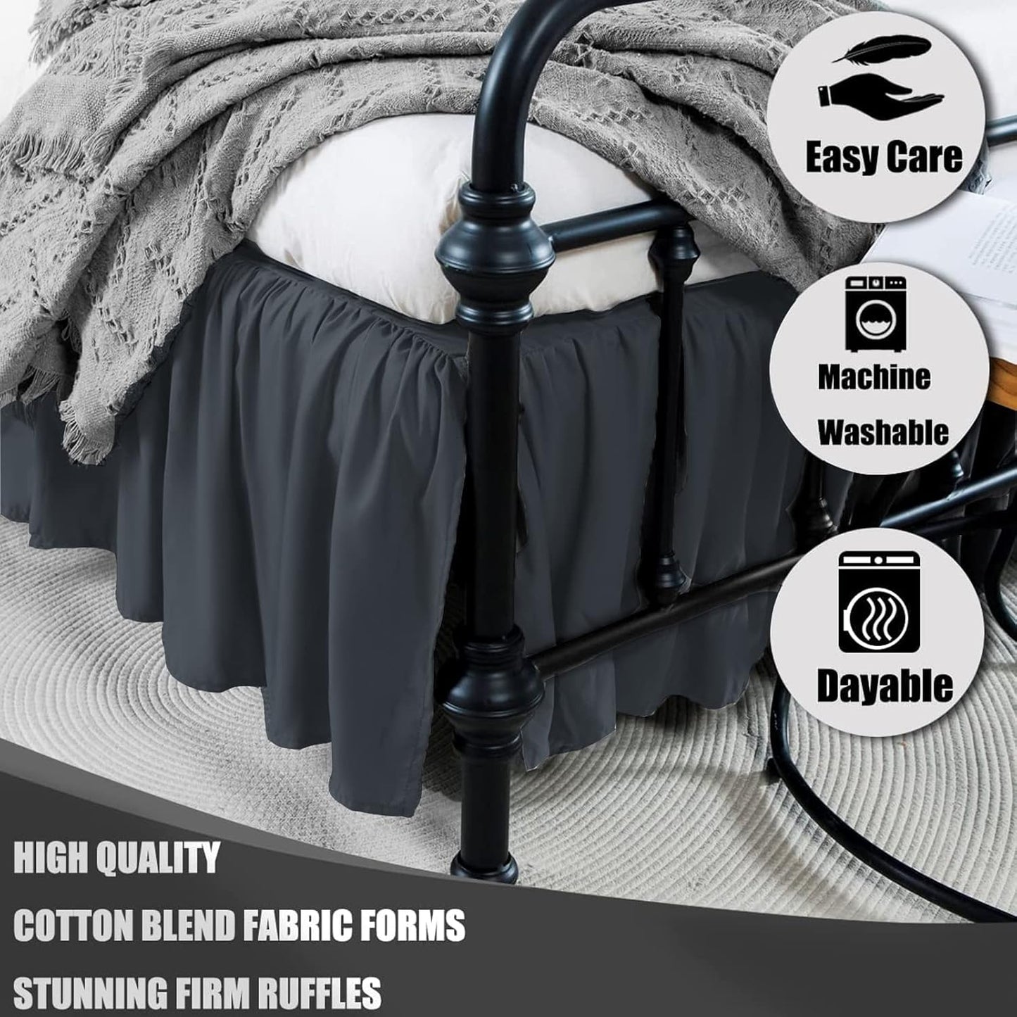 TSUTOMI Black Bed Skirt Twin Size Ruffled Bed Skirt with Split Corners, Twin Bed Skirt 16 Inch Drop,Twin Size Bed Skirt Black for Ruffled Bed Skirt with Split Corners, Bed Skirt Twin Size