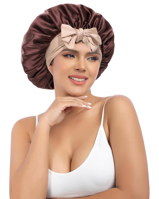 AWAYTR Silk Bonnet for Sleeping Women 100% Mulberry Silk Bonnet with Band 2 Layer Reversible Hair Bonnet Sleeping Hair Wrap (Dark Brown/Light Champagne)