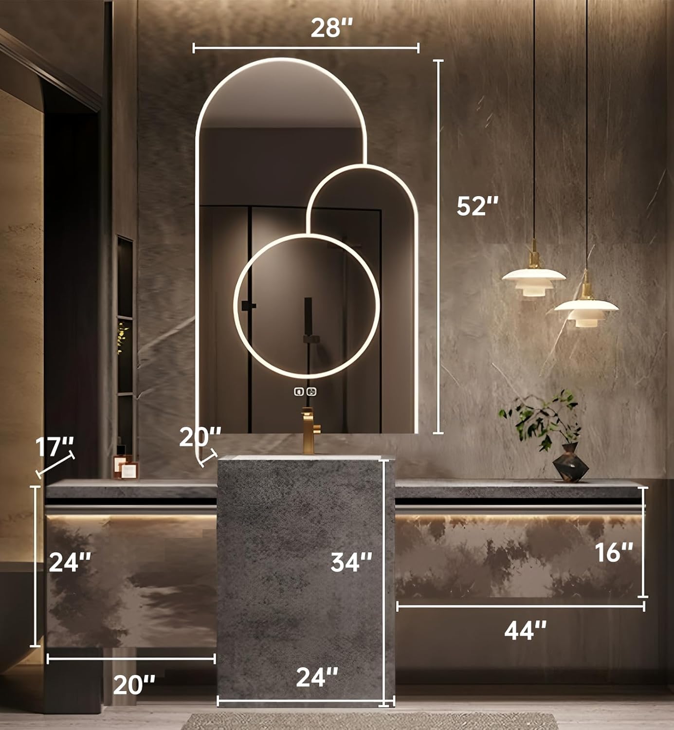 Single Sink Freestanding Bath Vanity, Modern Bath Vanity with LED Smart Mirror, 88IN Solid Wood Floating Bathroom Sink Cabinet with Marble Slate Top and Large Storage Drawer