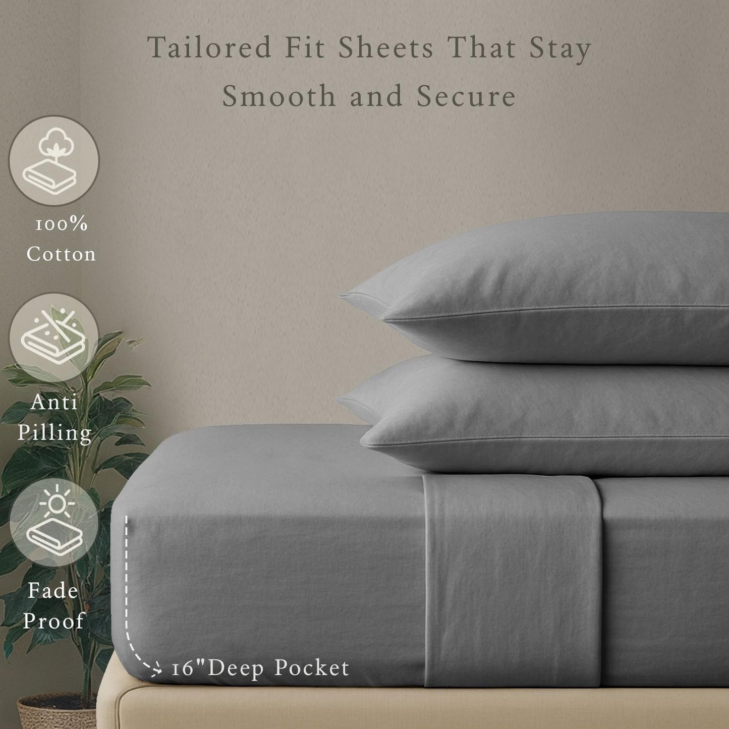 Threadmill 100% Cotton Deep Pocket/Soft/Fade Resistance, 500 Thread Count, Solid 4-Piece Bed Sheet Set (1 Flat, 1 Fitted Sheet, 2 Pillow Covers), Full, Dark Gray
