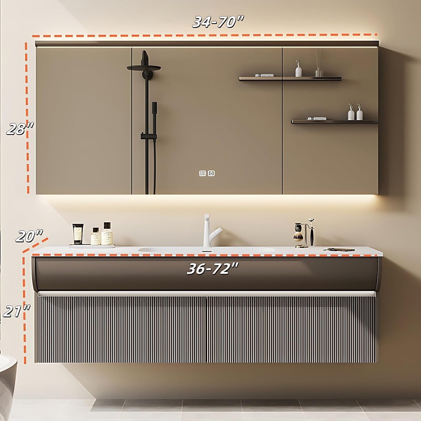 Solid Wood Bathroom Vanity Set - Wall Mounted Bathroom Cabinet with Light, Mirror with Light & Defog, Exquisite Accessories (Mirror Cabinet Style, 44'')
