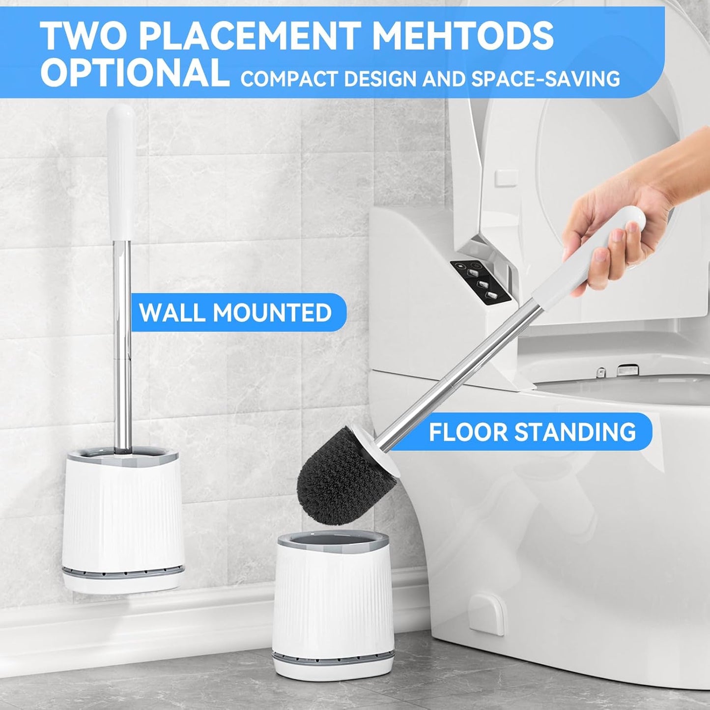 TRENTI Toilet Brush, Toilet Brush and Holder Set, Bristles Toilet Bowl Brush Head with Ventilated Holder, Wall Mounted Compact Toilet Brush Set for Bathroom Deep Cleaning (3, White)