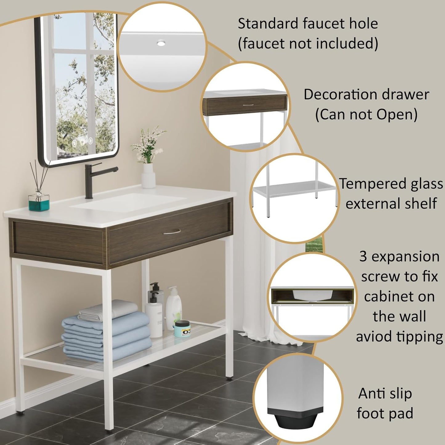 36 Inches Bathroom Vanity with Resin Sink, Single Sink Modern Cabinet Set, Stainless Steel Frame with Tempered Glass Open Shelf, Freestanding Bathroom Storage Cabinet Combo, White
