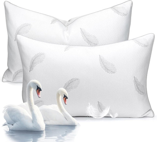 Goose Feather Pillows Bed Pillow - Hotel Down Pillows Queen Size Set of 2, Ultra Soft Bed Pillow for Sleeping, Fluffy Support Surround Fill Polyester for Back, Stomach, Side Sleepers