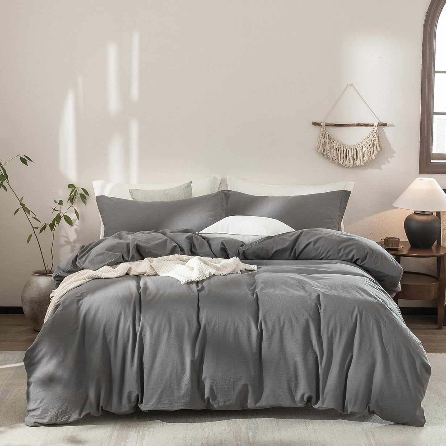 Dark Grey Duvet Cover California King Size Bedding Set Cover 100% Washed Cotton Duvet Cover with Zipper Closure and 2 Pillowcases, 104inch x 98inch