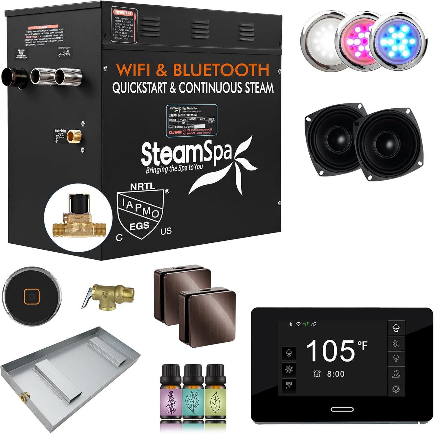 SteamSpa Steam System 10.5kW Steam Shower Generator with Bluetooth Wifi, Quickstart Continous Steam, Advanced Touch Pad Screen, Chroma Lights, Drain Pan and Auto Drain Oil Rubbed Bronze RVBS1050ORB-A