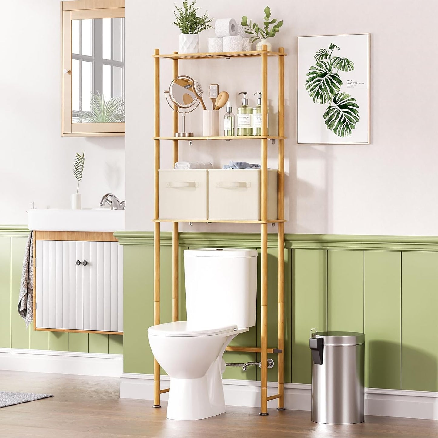 AmazerBath Over The Toilet Storage Bamboo, 3-Tier Over Toilet Organizer Rack with 2 Fabric Storage Bins, Freestanding Toilet Shelf for Bathroom Laundry Space Saver, Natural Color