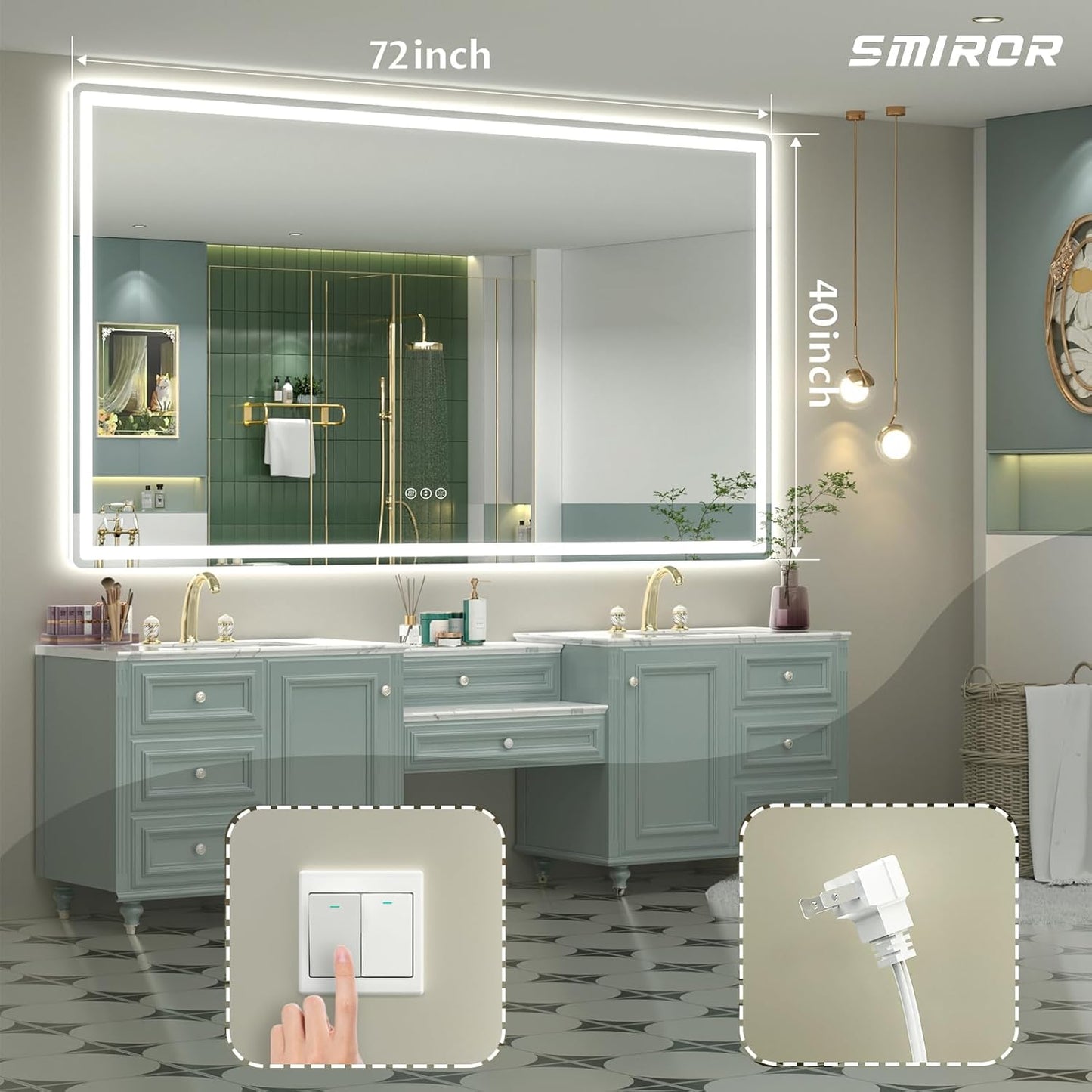 SMIROR LED Bathroom Mirror with Lights 72"x 40", Rounded Rectangle Lighted Vanity Mirror for Wall, Front Lit and Backlit, 3 Colors, Dimmable, Anti-Fog, Tempered Glass (Horizontally/Vertically)