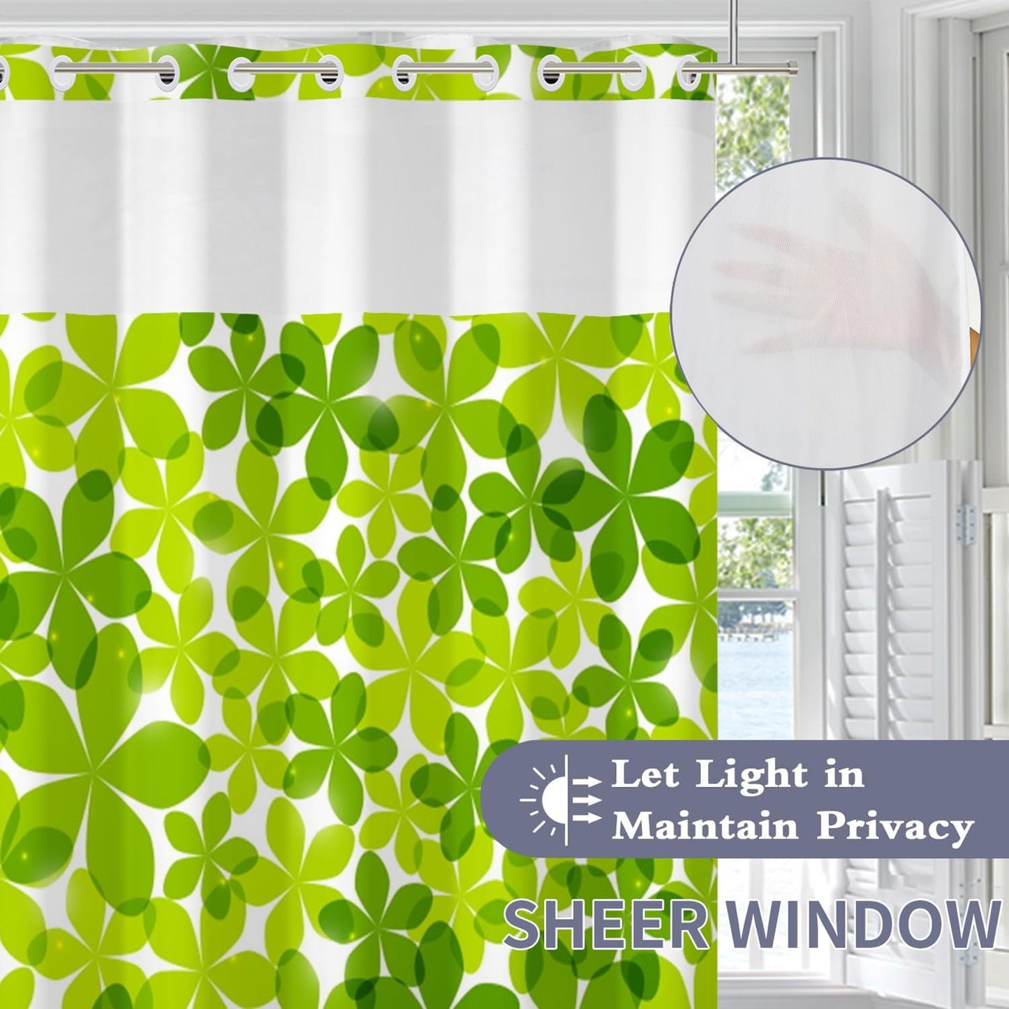 Green Flower Shower Curtain No Hooks with Snap-in Fabric Liner Set,Spring Leaves Shower Curtain for Bathroom,Hotel Decor Waterproof Shower Curtains,with See Through Top Window,71W x 74H