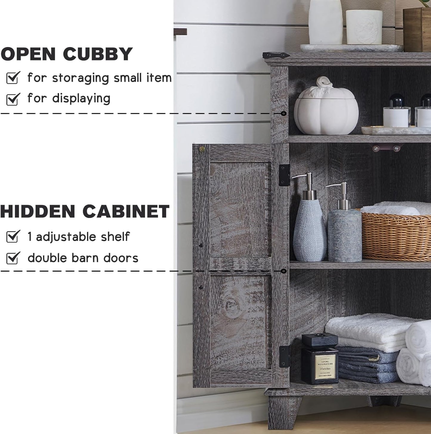 ACCOHOHO Corner Bathroom Cabinet, Farmhouse Small Corner Cabinet with Barn Door & Adjustable Shelf, Storage Cabinets for Bathroom, Kitchen, Living Room, Grey Wash