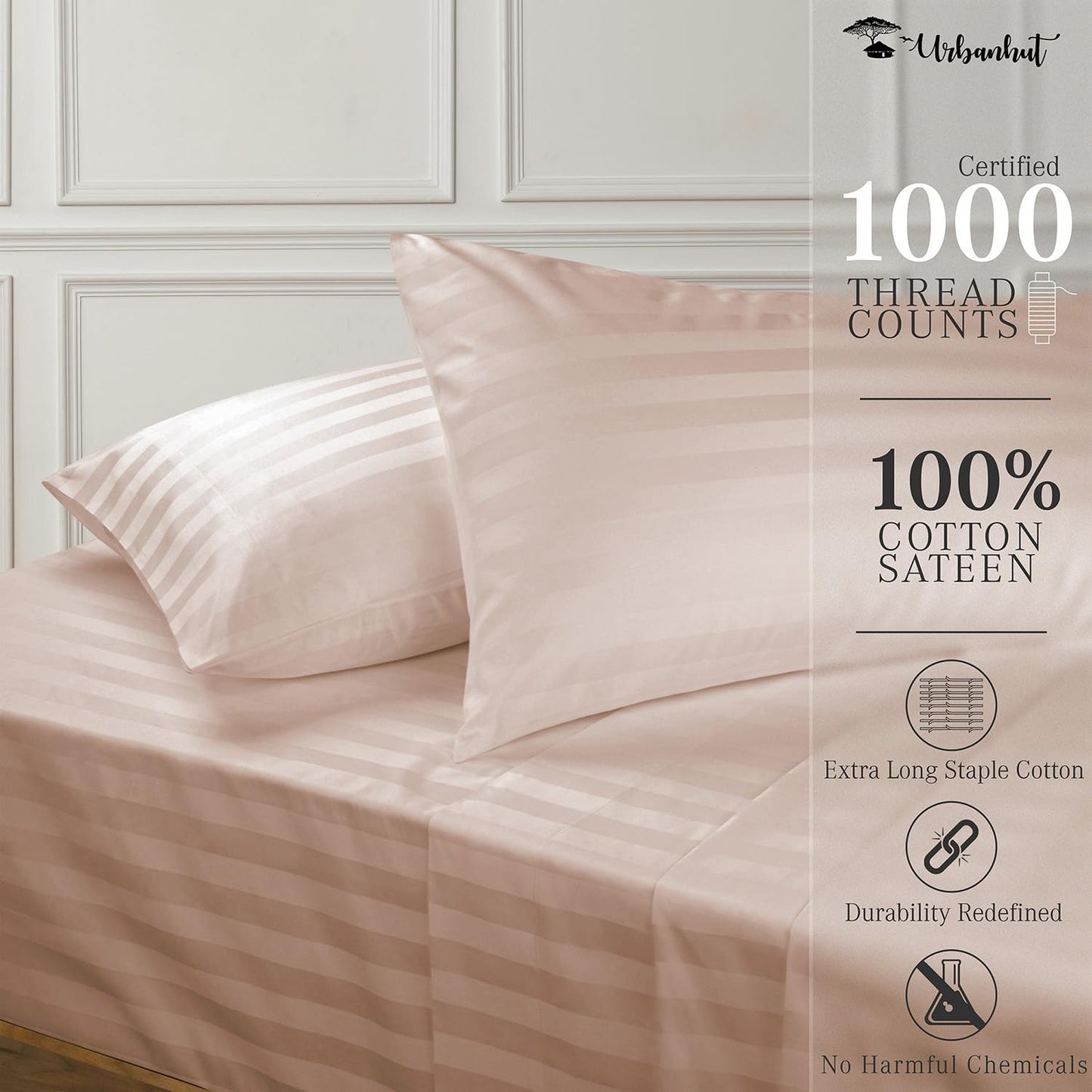 URBANHUT 1000 Thread Count Damask Striped Queen Size Egyptian Cotton Sheets, Long Staple Soft & Breathable, 4 Pc Bed Sheet Sets, Luxury Hotel Sateen Sheets Fits 16" Deep Pocket - Blush Pink