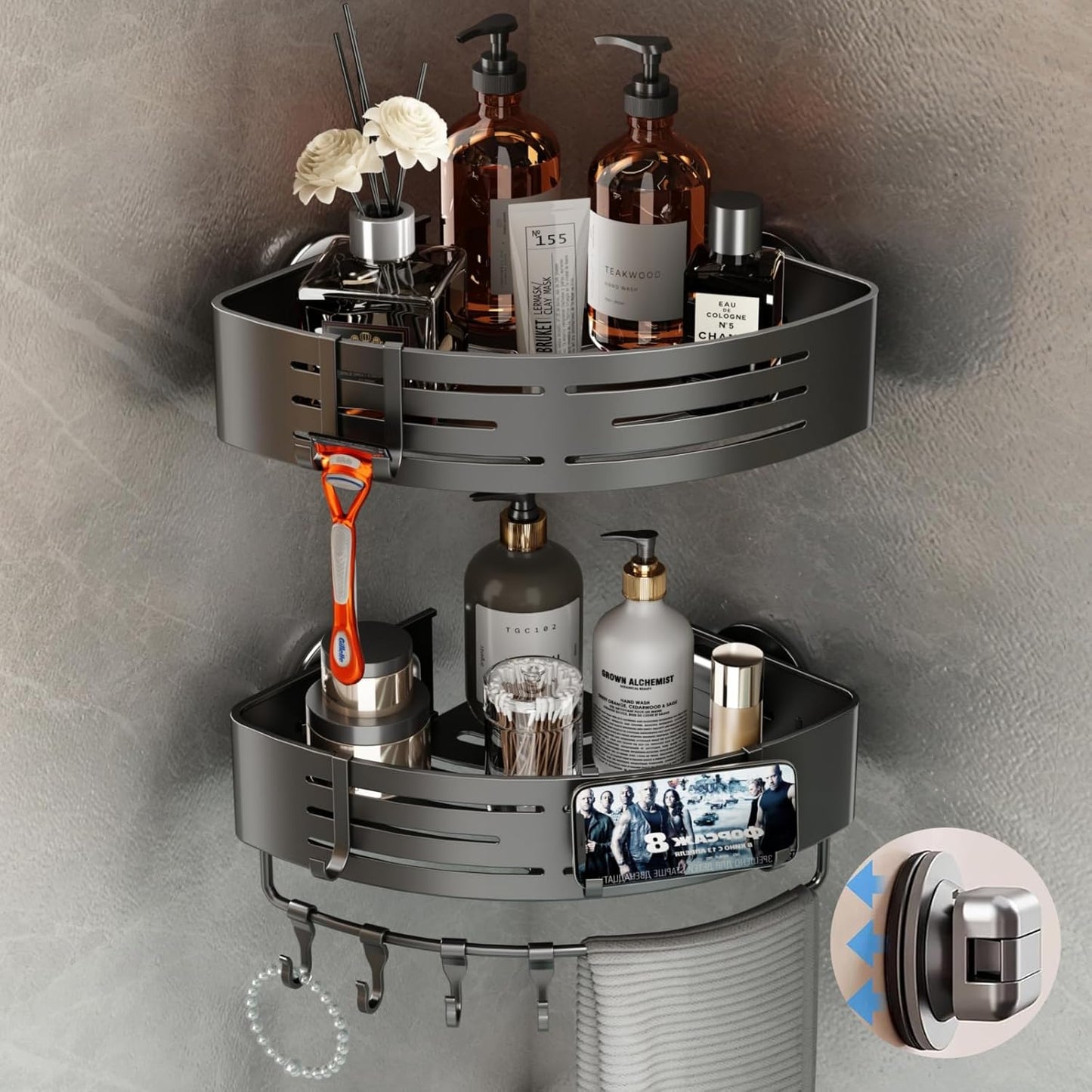 Voldra Corner Shower Caddy Suction Cup, 2 Pack Corner Shower Shelves No Drilling, Aluminum Upgrade Suction Cup Shower Organizer with Towel Bar & Hooks Removable Bathroom Storage Rack(Gray)