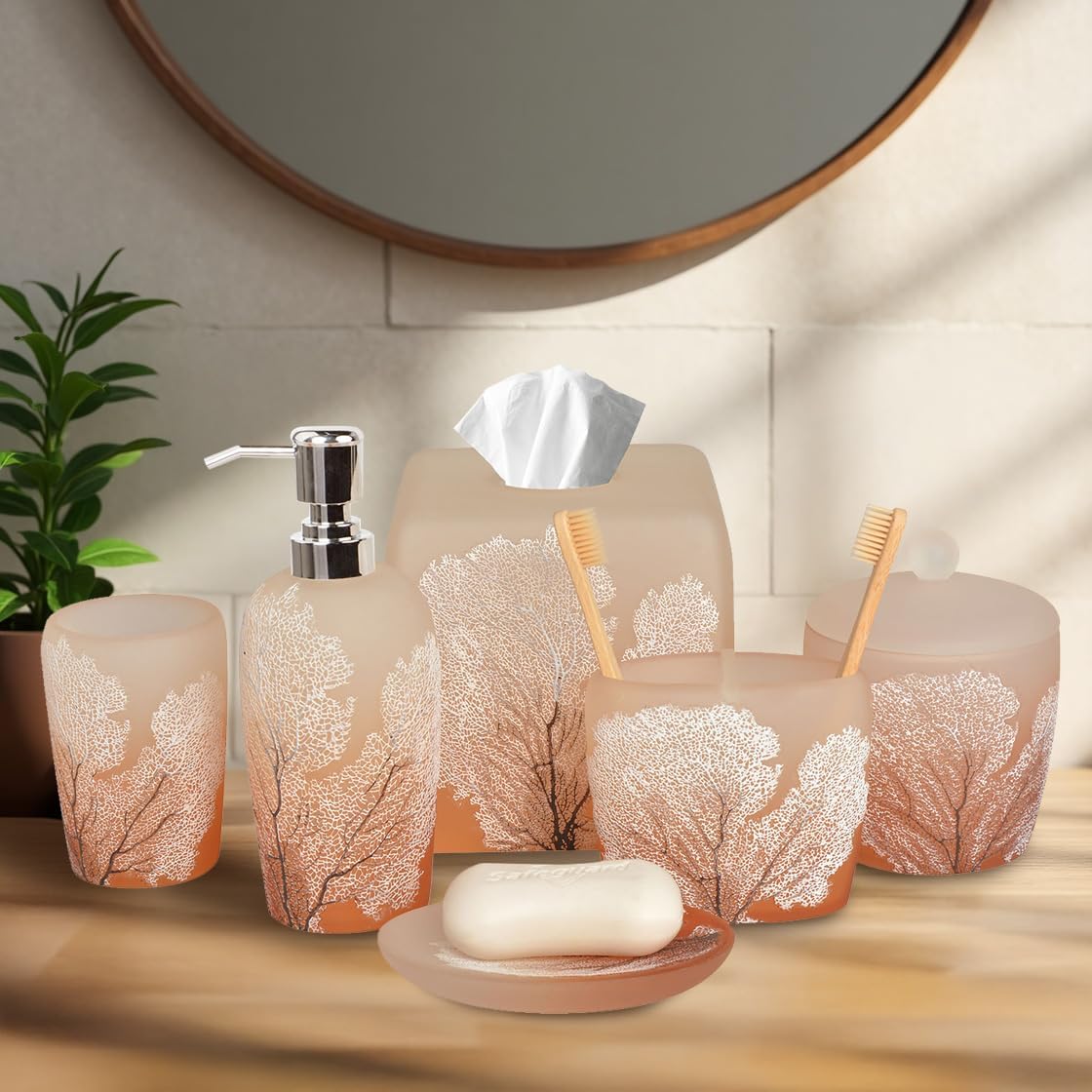 Decozen Bathroom Accessories Set 6Pcs – Soap Dispenser, Toothbrush Holder, Tumbler, Soap Dish & Cotton Swab Jar – Modern Bathroom Decor, Bath Set for Christmas Decor, Carruthers