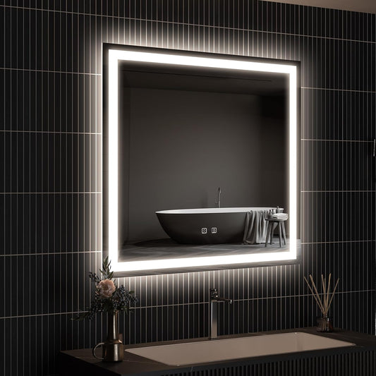 APRILSOUL 36x36 Inch LED Bathroom Mirror with Front and Backlit, Makeup Mirror with 3 Color Lights, Memory Function, Anti-Fog and Dimmable Light (Horizontal)