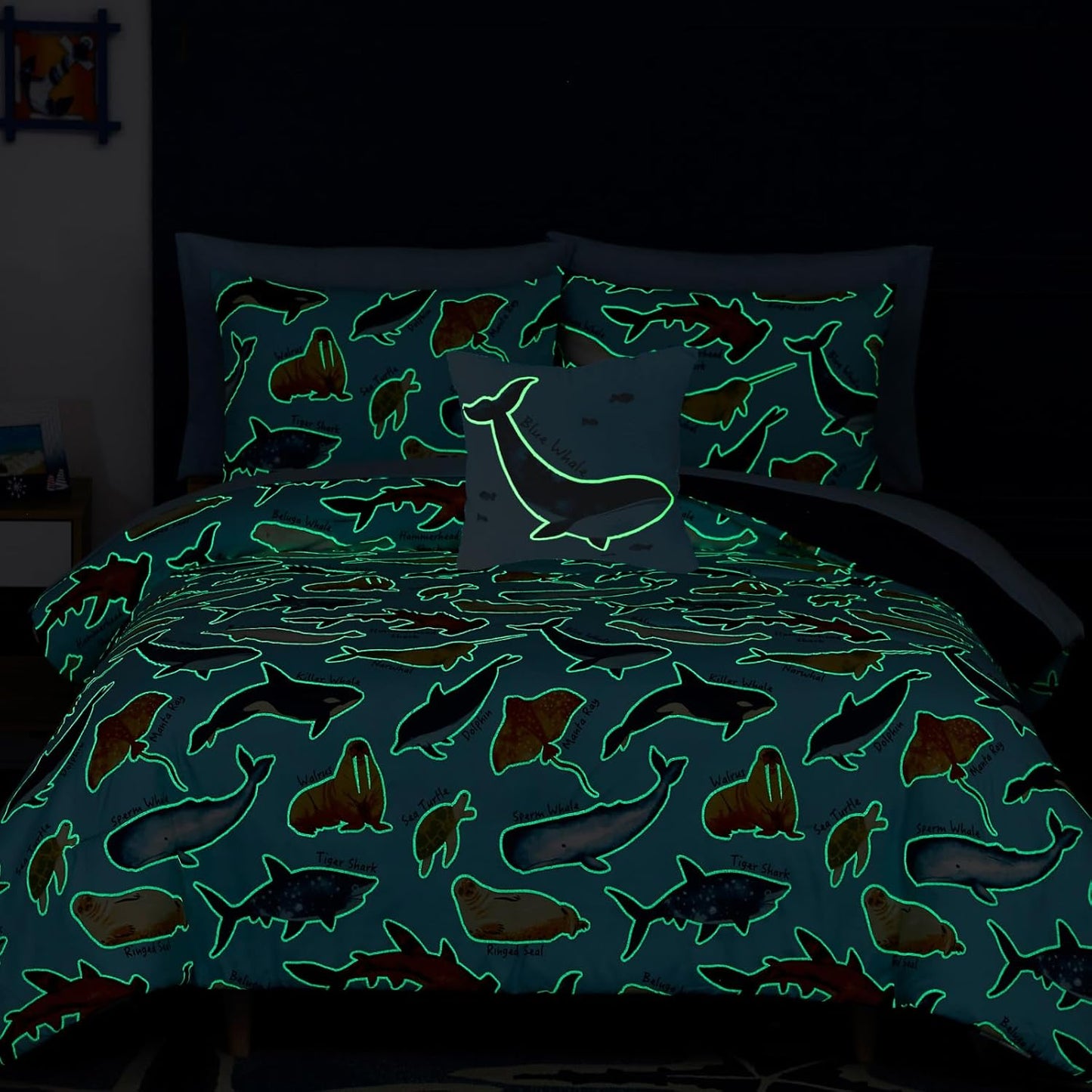 Kids Comforter Set Full Size for Boys, Glow in The Dark Sea World Bedding Set 1 Comforter, 1 Decor Pillow, 2 Pillow Shams