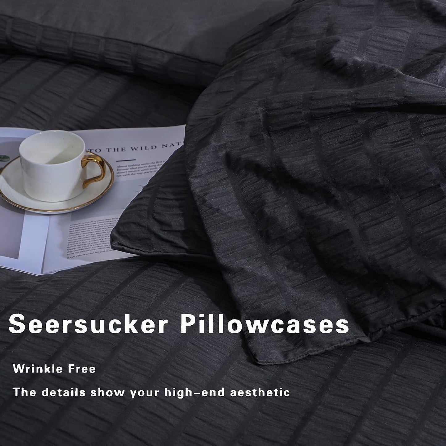 AveLom Seersucker Duvet Cover Set Full Size (80 x 90 inches), 3 Pieces (1 Duvet Cover + 2 Pillow Cases), Black Ultra Soft Washed Microfiber, Textured Duvet Cover with Zipper Closure, Corner Ties