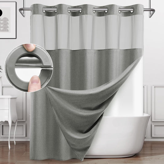 Extra Long No Hook Shower Curtain with Snap in Liner, Polyester Textured Shower Curtain with Liner Set, Waterproof Washable Hotel Style Shower Curtains for Bathroom, 71Wx86H, Grey