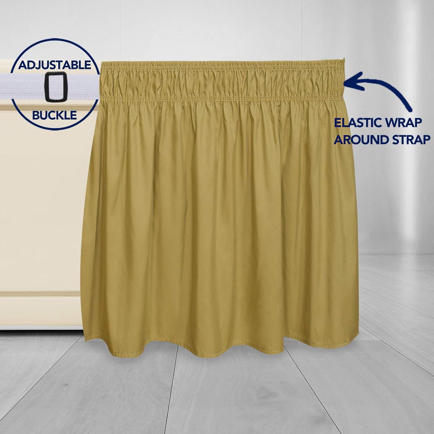PureFit Wrap Around Ruffled Bed Skirt with Adjustable Elastic Belt - 18 Inch Drop Easy to Put On, Wrinkle Free Bedskirt Dust Ruffles, Bed Frame Cover for Twin,Twin XL and Full Size Beds, Gold