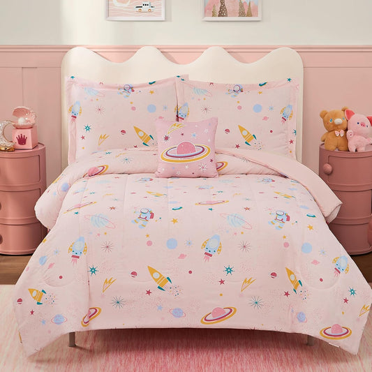 Full Size Comforter Set for Girls-4 Pieces Space Glow in The Dark Full Bedding Sets for Kids, 1 Comforter, 2 Shams and 1 Decor Pillow