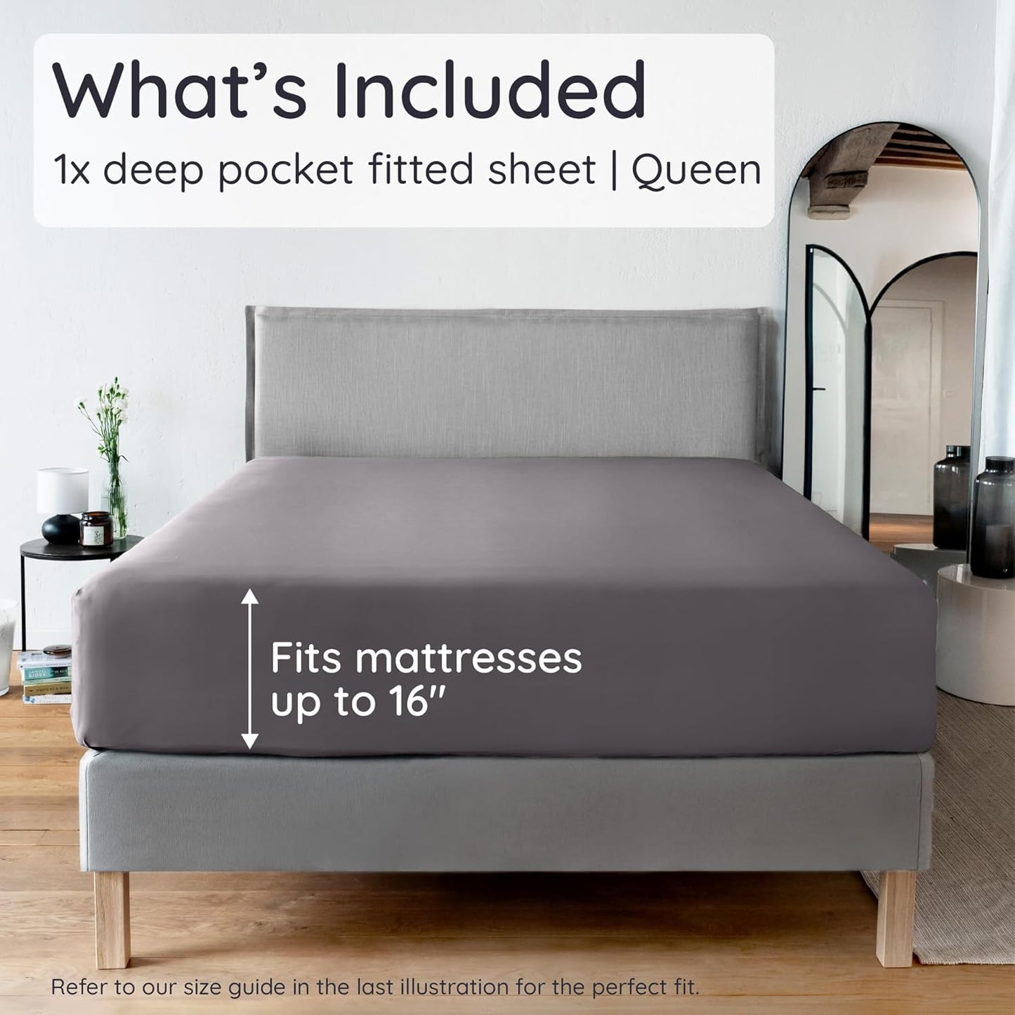 Bambaw 100% Viscose Derived from Bamboo Fitted Sheet Only, Soft Fitted Sheet Queen Size, Cooling Fitted Sheet with Straps, Deep Pocket Bottom Queen Fitted Sheet Only Fits Up to 16’’ (Dark Gray)