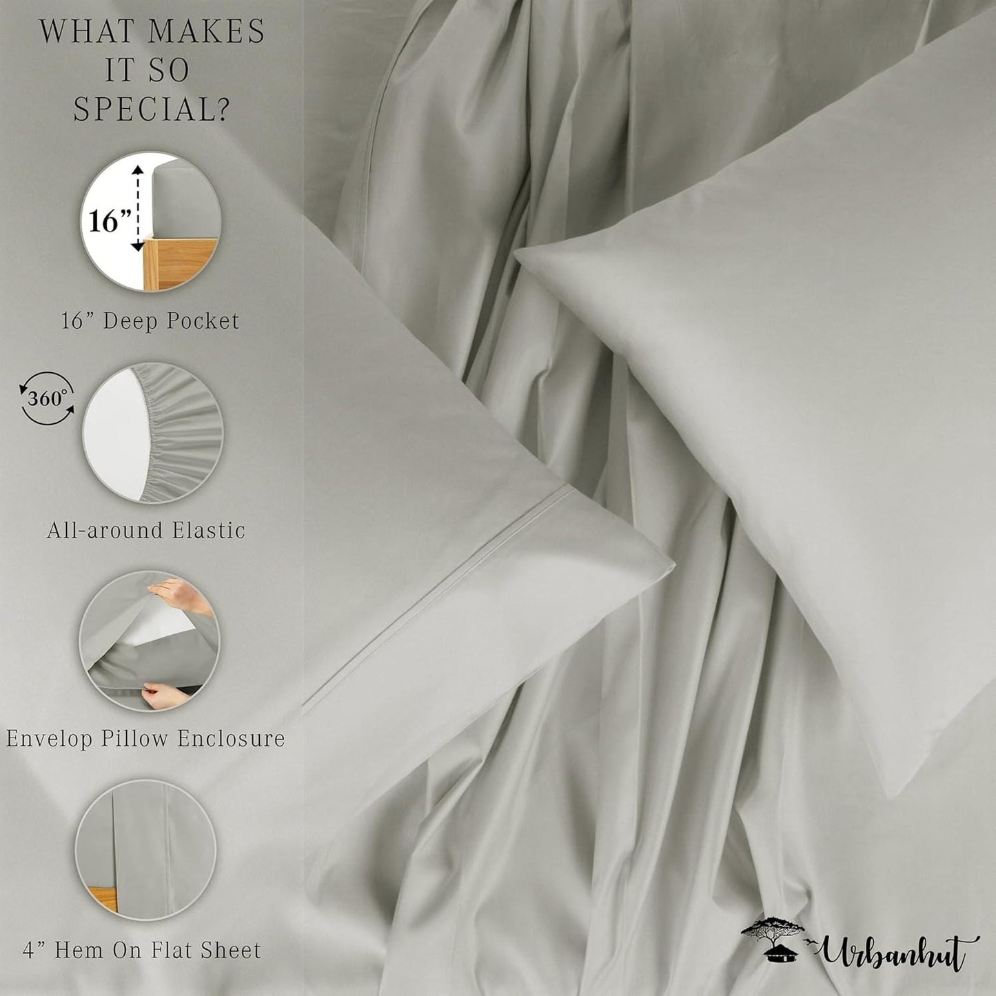 URBANHUT 1000 Thread Count Egyptian Cotton Sheets California King Size, Breathable Long Staple, 4 Pc Bed Sheet Sets, Luxury Hotel Sateen Sheets Fits 16" Deep Pocket - Silver Grey