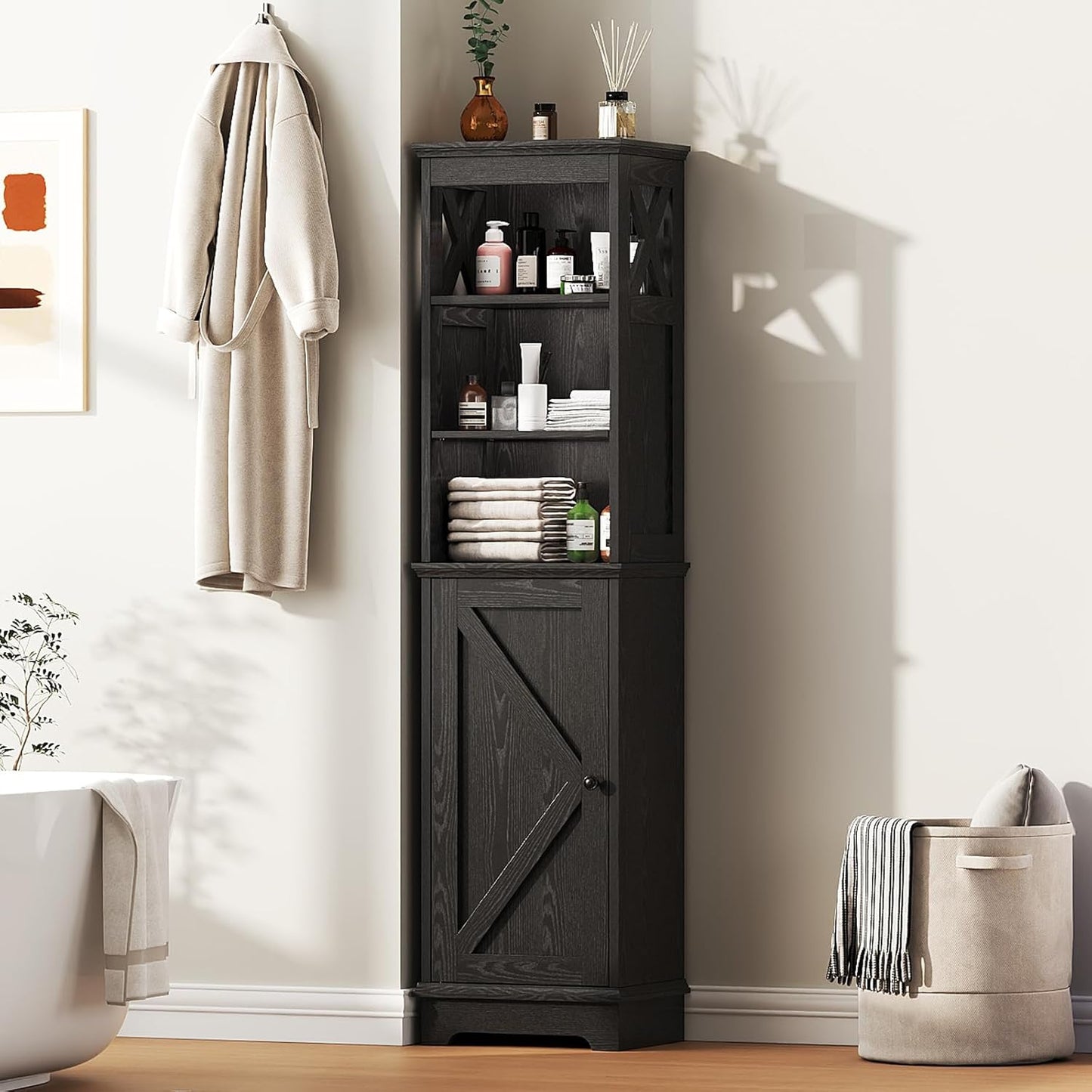 Tall Bathroom Storage Cabinet with Door and Open Adjustable Shelves, 60.9" H Wooden Tower Corner Narrow Farmhouse Cabinet, Freestanding Organizer for Kitchen, Entryway Black