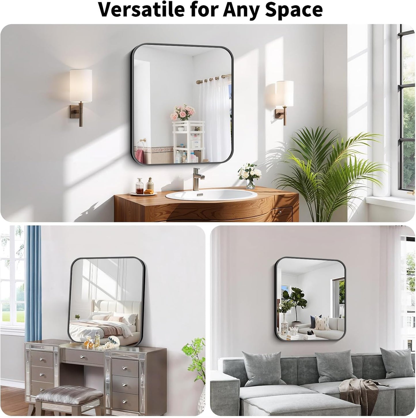 Koonmi Black Framed Bathroom Mirror - 30x22 Inch Shatterproof Tempered Glass Vanity Mirror for Bathroom Sink, Wall Mounted with Matte Aluminum Alloy Frame, No Distortion, Modern Decor