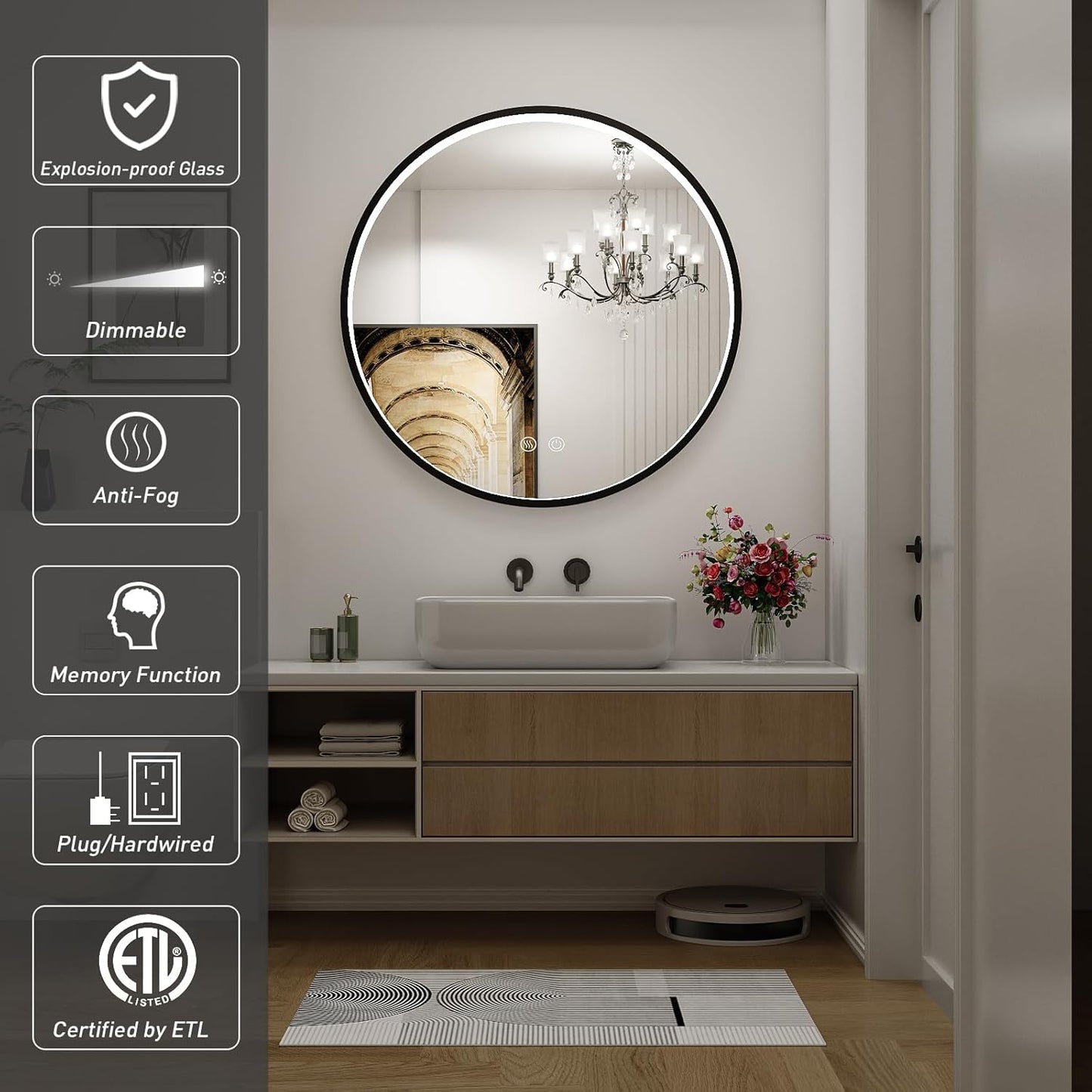 24" Round LED Bathroom Mirror, Dimmable Anti-Fog Vanity Mirror with Touch Control, 6000K Natural Light, Black Metal Frame, Wall Mounted for Makeup Shaving (IP54, 90+ CRI)