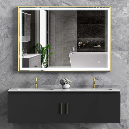 24"x 40" LED Bathroom Mirror with Gold Frame, Front Light and Backlit, Stepless Dimmable, Anti-Fog, Shatter-Proof, Memory, 3 Colors, LED Vanity Mirror