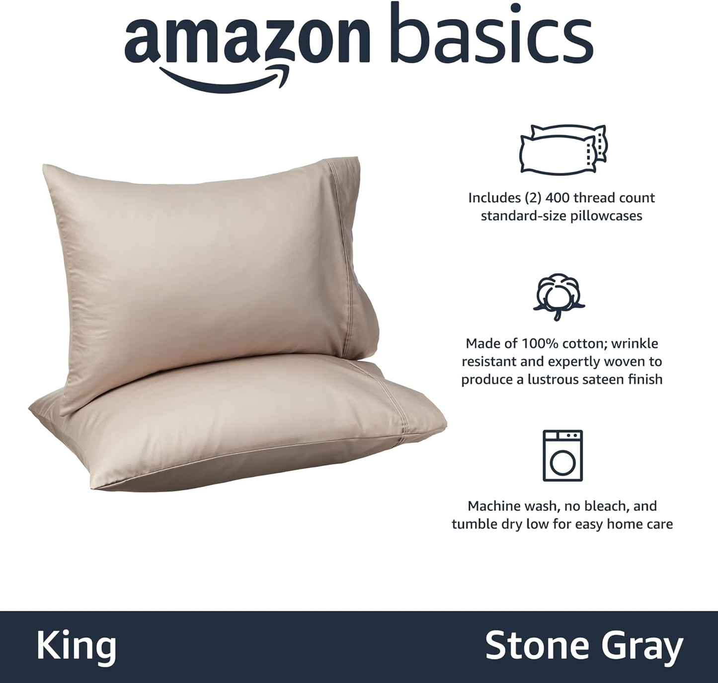 Amazon Basics 400 Thread Count Cotton Pillow Cases, King, Set of 2, Stone Gray, 40" L x 20" W, Pillows Not Included