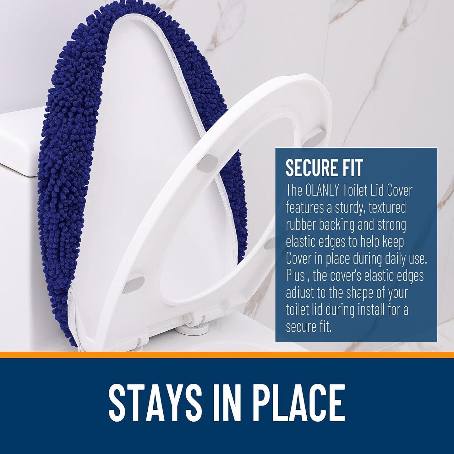 OLANLY Soft Chenille Bathroom Toilet Lid Cover, Machine Washable Seat Covers, 17.5x15, Stays in Place Rubber Backing, Fits Most Round, Elongated and Oblong Lids, Accessories Decor, Navy