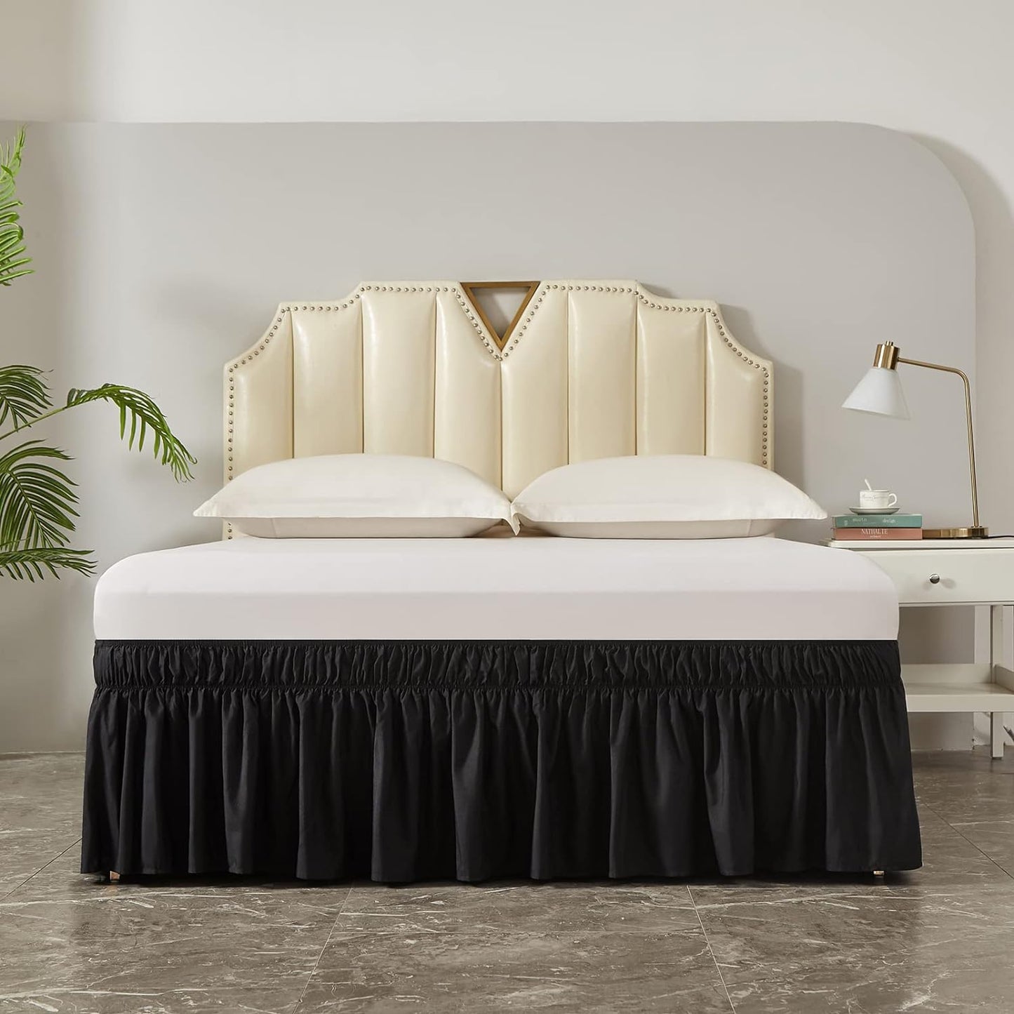 MEILA Wrap Around Bed Skirt Three Fabric Sides Elastic Dust Ruffled 24 Inch Tailored Drop,Easy to Install Fade Resistant-Black, Queen/King