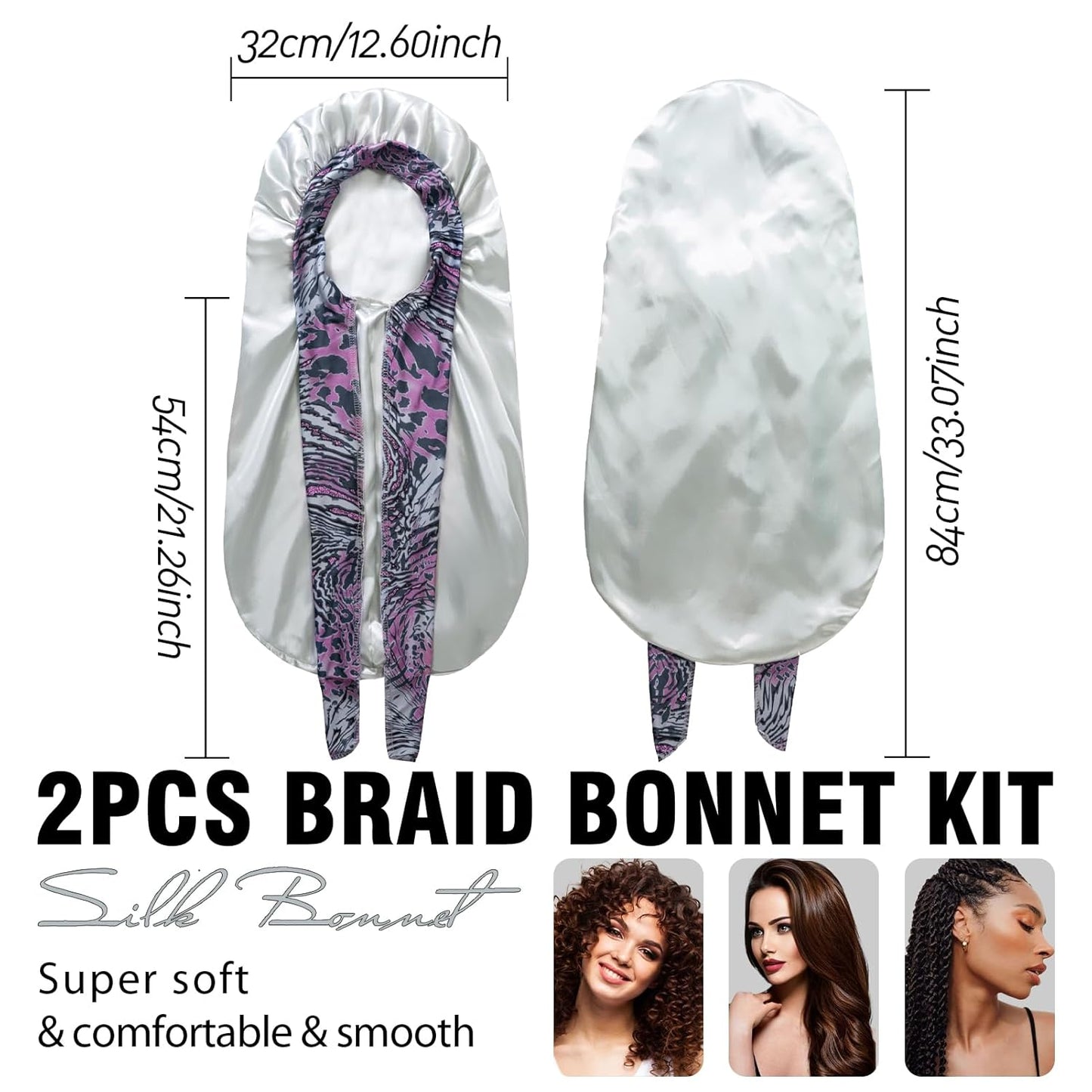 2Pcs Bonnets for Black Women Braid Bonnet, Large Long Satin Silk Bonnet for Braids, Women Braid Bonnet with Stretchy Tie Band for Sleeping Extra Long (Black & Light Green Pattern