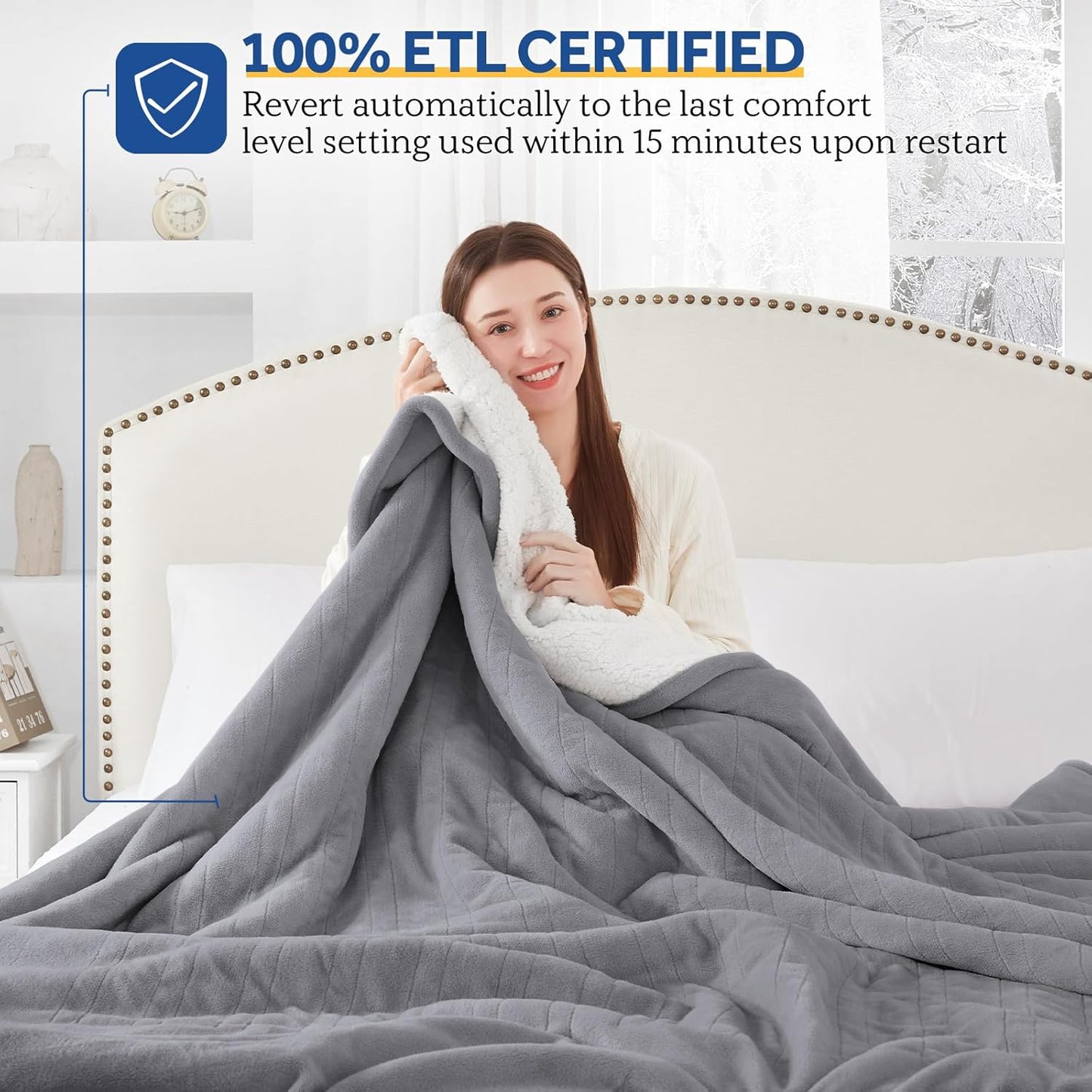 SEALY Electric Blanket Queen Size, Flannel & Sherpa Heated Blanket with 10 Heat Setting & 1-12 Hour Auto Shut Off, Fast Heating Blanket, Machine Washable, Light Grey, 84 x 90 Inch
