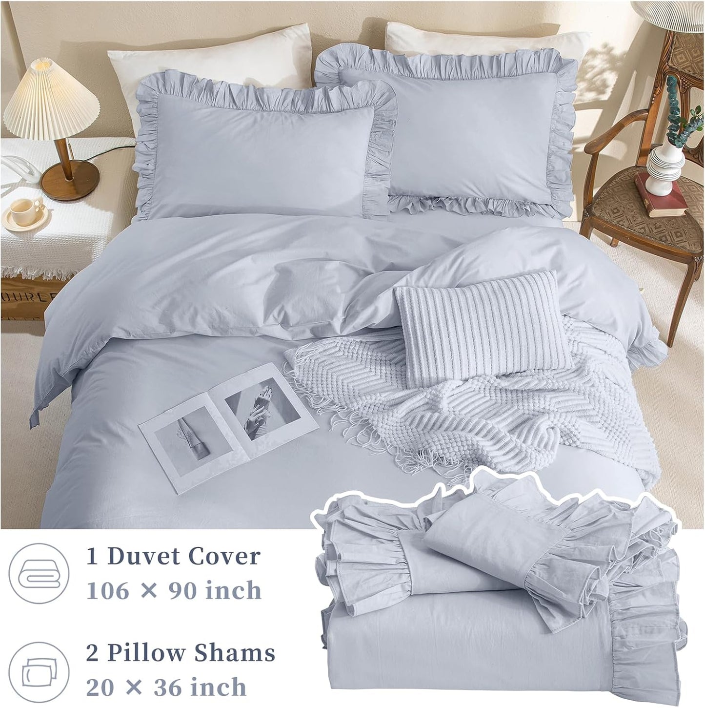 QSH Washed Cotton Ruffle Duvet Cover King Size,3 Pieces Cornflower Blue Farmhouse Vintage Shabby Comforter Cover Linen Feel French Country Rustic Bedding Set Soft Breathable Quilt Cover Set