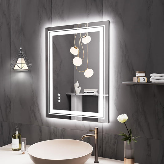 28" x 20" LED Bathroom Mirror with Lights, Front and Backlit Mirror, Anti-Fog Lighted Vanity Mirror, Stepless Dimmable, 3 Colors LED Mirror (Horizontal/Vertical)