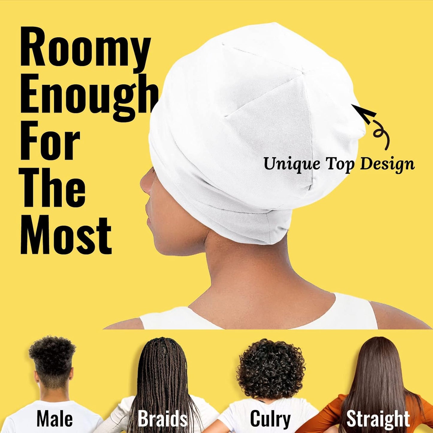 Satin Lined Sleep Cap Bonnet for Curly Hair and Braids, Stay On All Night Hair Wrap with Adjustable Strap for Women and Men, White, Pack of 1