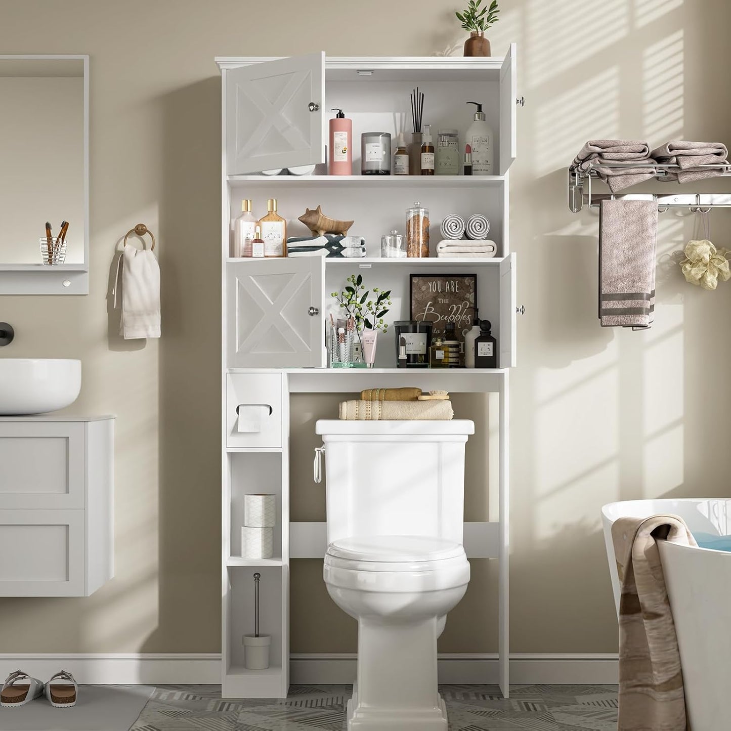 Over The Toilet Storage Cabinet, Farmhouse Storage Cabinet Over Toilet with 4 Barn Doors & Toilet Paper Holder Stand, White Toilet Shelf Home Space Saver for Restroom, Bathroom, Laundry