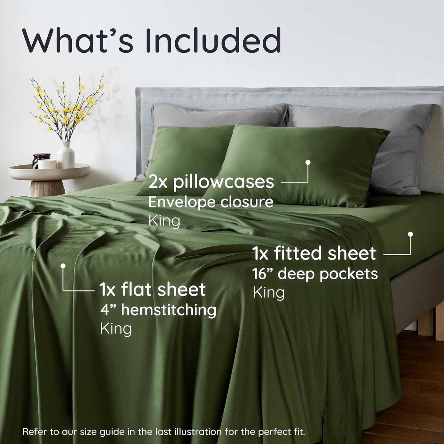 Bambaw 100% Viscose Derived from Bamboo Sheets King Size Set – 4pcs Cooling Deep Pocket King Sheet Set, Fits Up to 16'' with Elastic Corner Straps, Super Soft Sheets, Luxury Bedding (Olive)