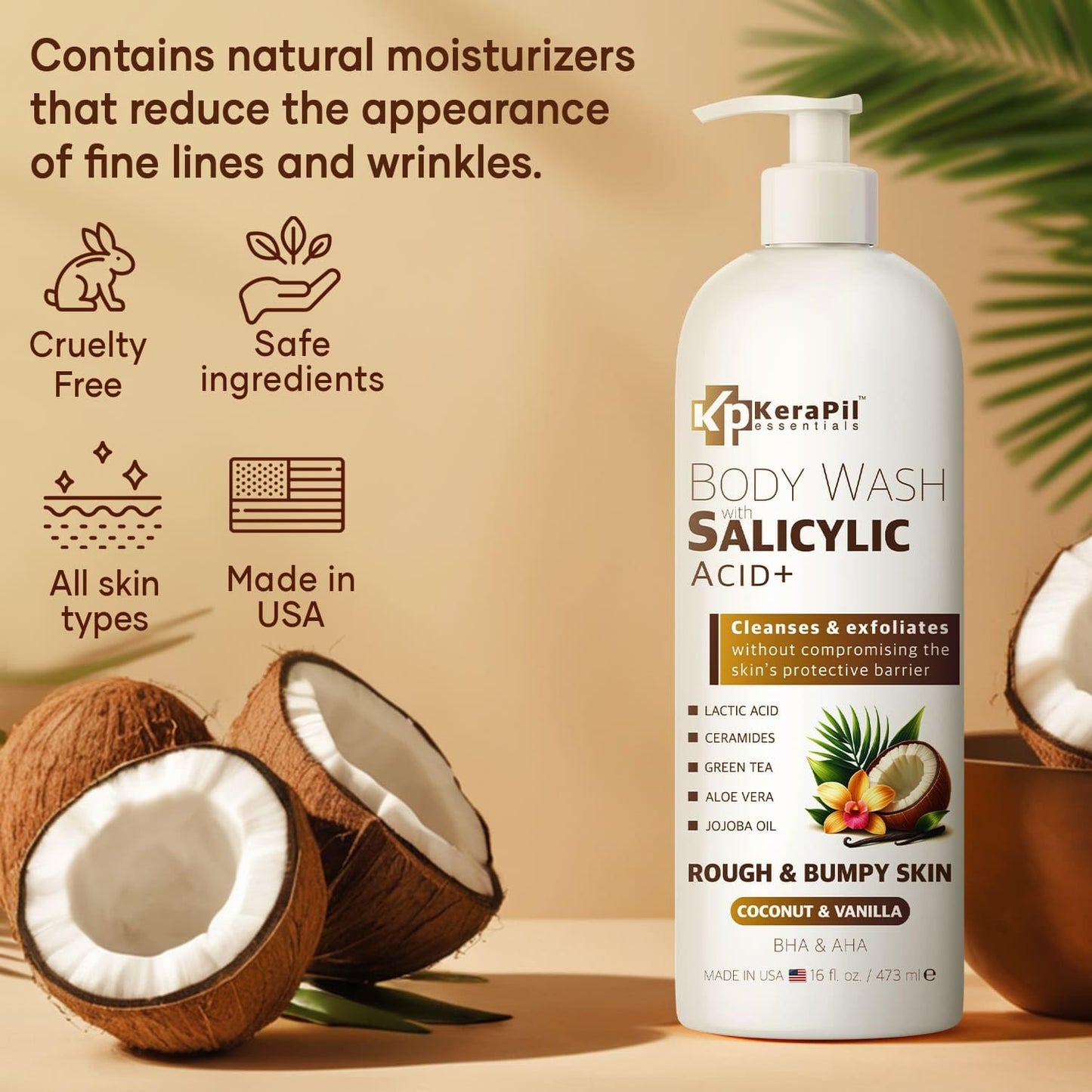 Exfoliating Body Wash with Salicylic Acid - No Dry Out, Gentle Exfoliates Rough and Bumpy Skin, Body Acne Wash, BHA & AHA - Coconut and Vanilla with Salicylic Acid - (16 fl oz)