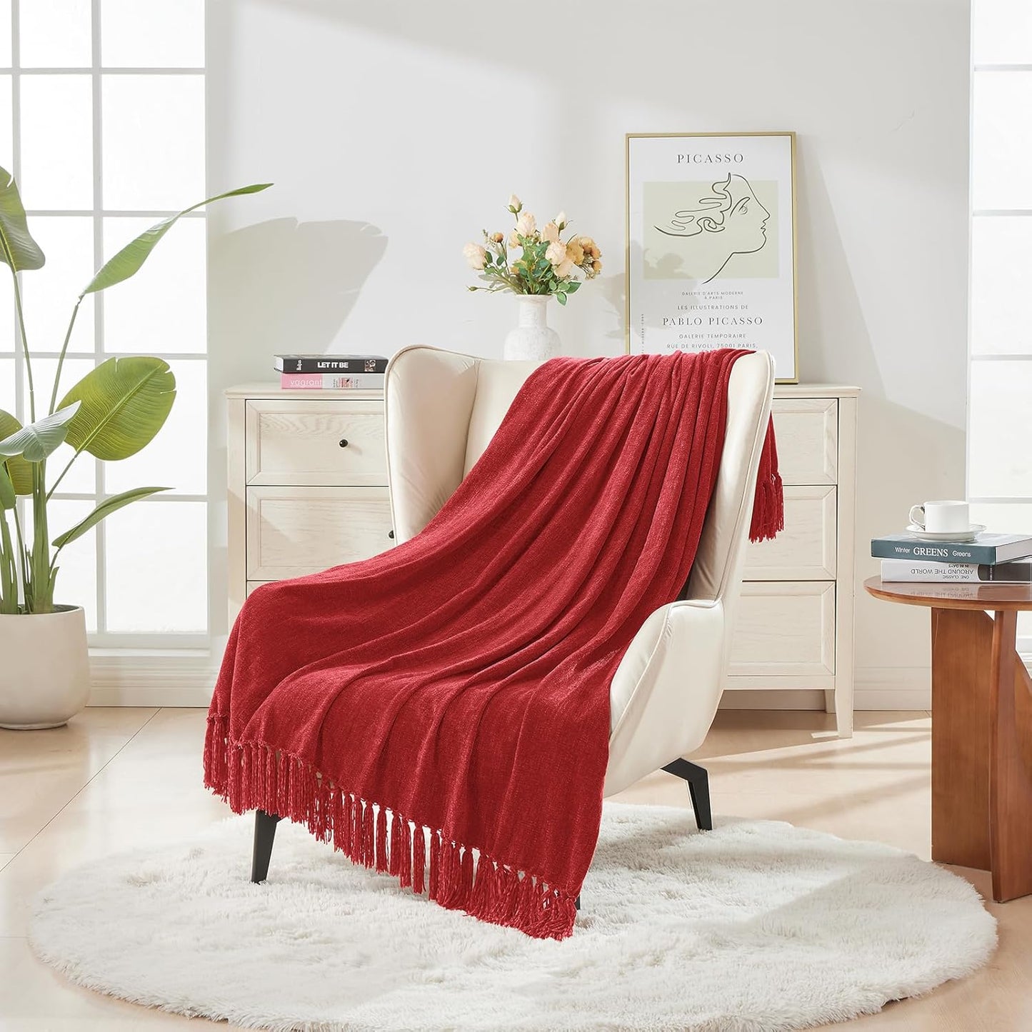 CozeCube Chenille Throw Blanket for Couch, Cozy Plush Fuzzy Decorative Christmas Red Blanket with Fringe Tassels, Lightweight Throws for Bed Sofa Gift Home Decor, 50"X60"