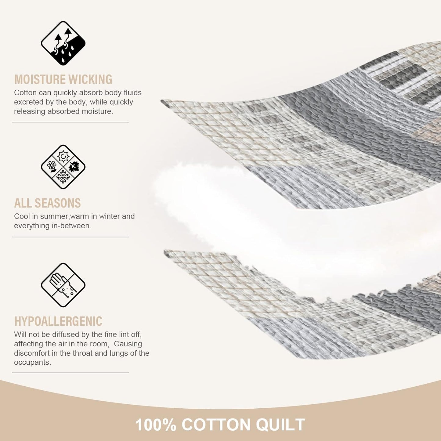 Y-PLWOMEN Quilts Queen Size - 100% Cotton Brown Grey Queen Quilt Farmhouse Plaid Quilted Bedspread, 3 Pieces Lightweight Reversible Queen Size Quilt Bedding Set for All Season