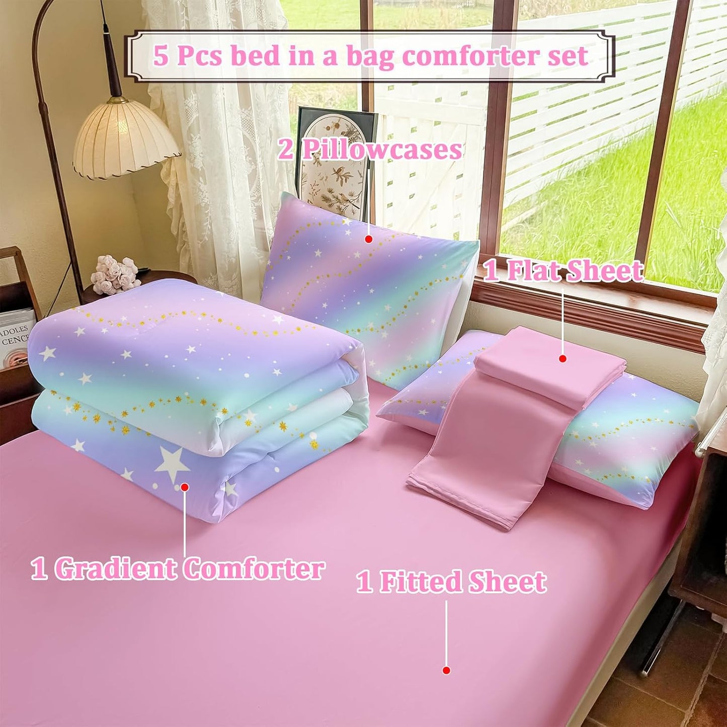 Rainbow Bedding Set Full Size – 5 Piece Reversible Girls Comforter with Deep-Pocket Sheet, Gradient Galaxy Design, Whole-Piece Filling, Machine Washable Bed-in-a-Bag for Kids Room Makeover & Gifts