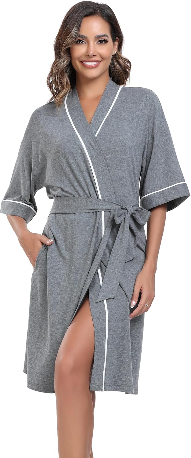 COLORFULLEAF Womens Bamboo Short Robes Lightweight Kimono Cotton Robe Soft Knit Bathrobe Ladies Loungewear with Pockets